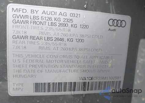 2021 Audi Q3 Premium 45 Tfsi S Line Quattro Tiptronic из США, поврежденный, VIN WA1DECF39M1102591